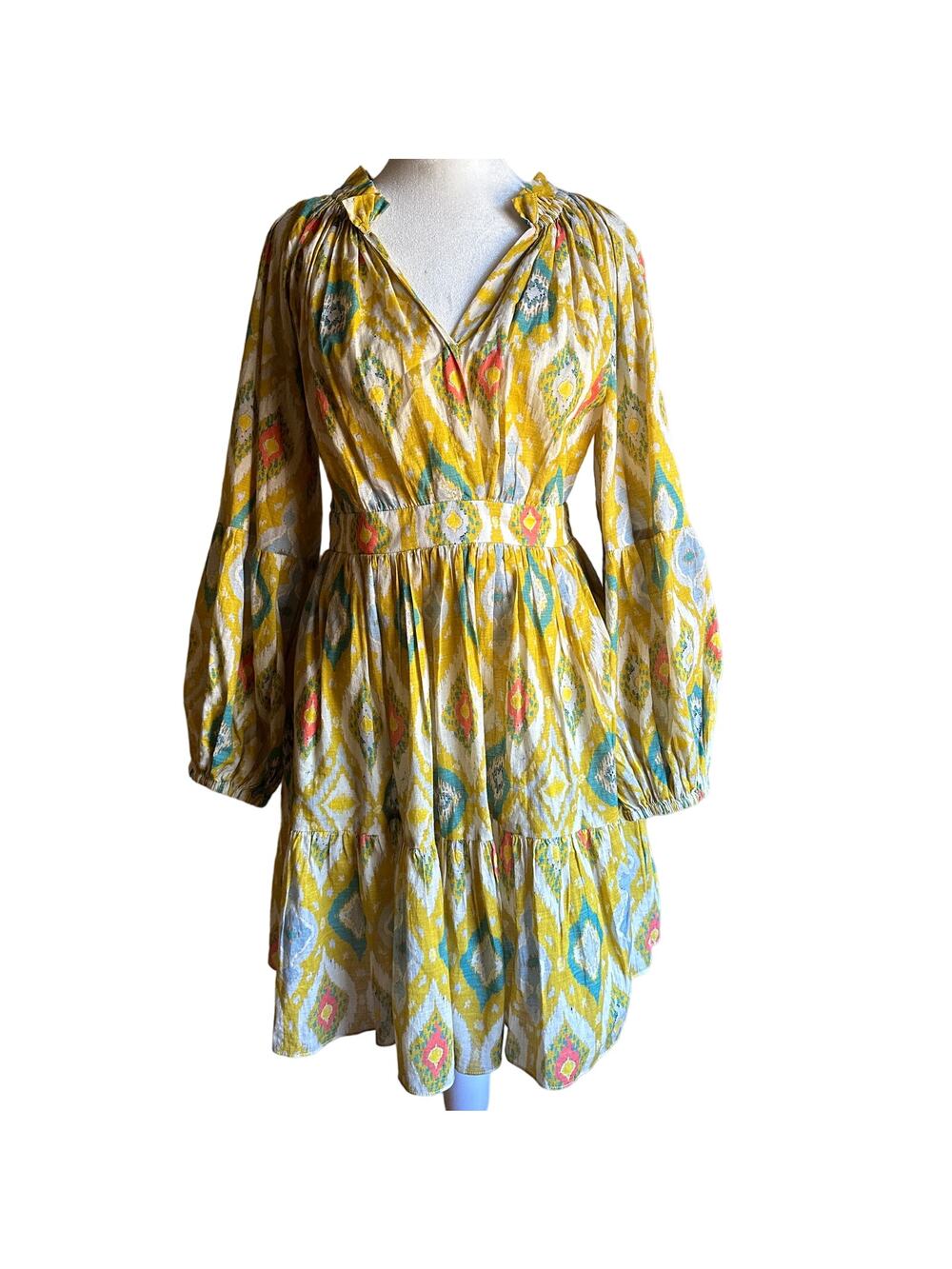 CHARINA SARTE | Yellow Ikat Printed Cotton Mini Dress Puff Sleeve | Size Medium